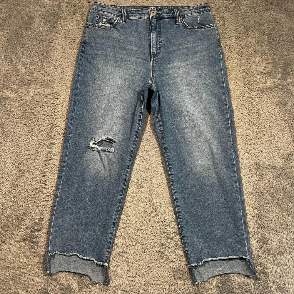 Style & Co Jeans‎ Cropped Straight Leg Blue Distressed Raw Hem Women's 14 33x25